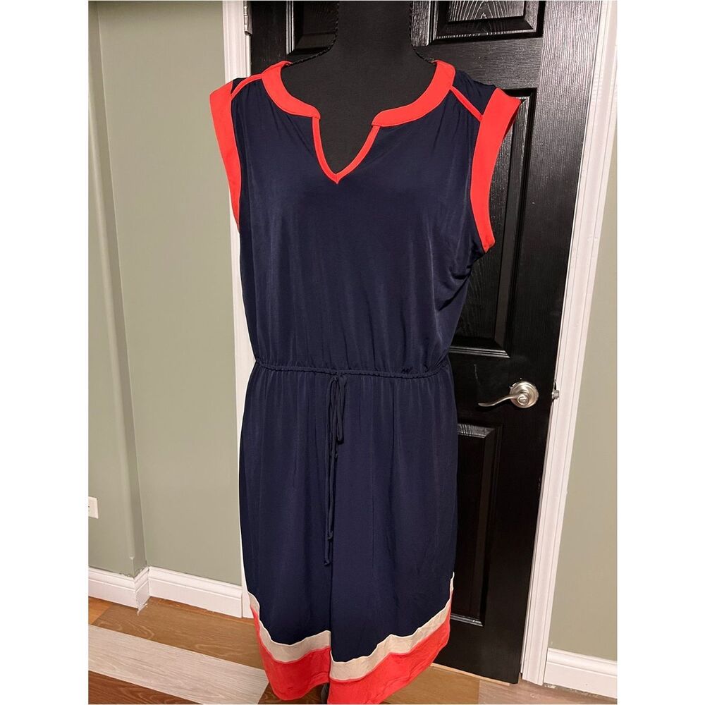 Enfocus Studio Navy Dress with Coral Trim
